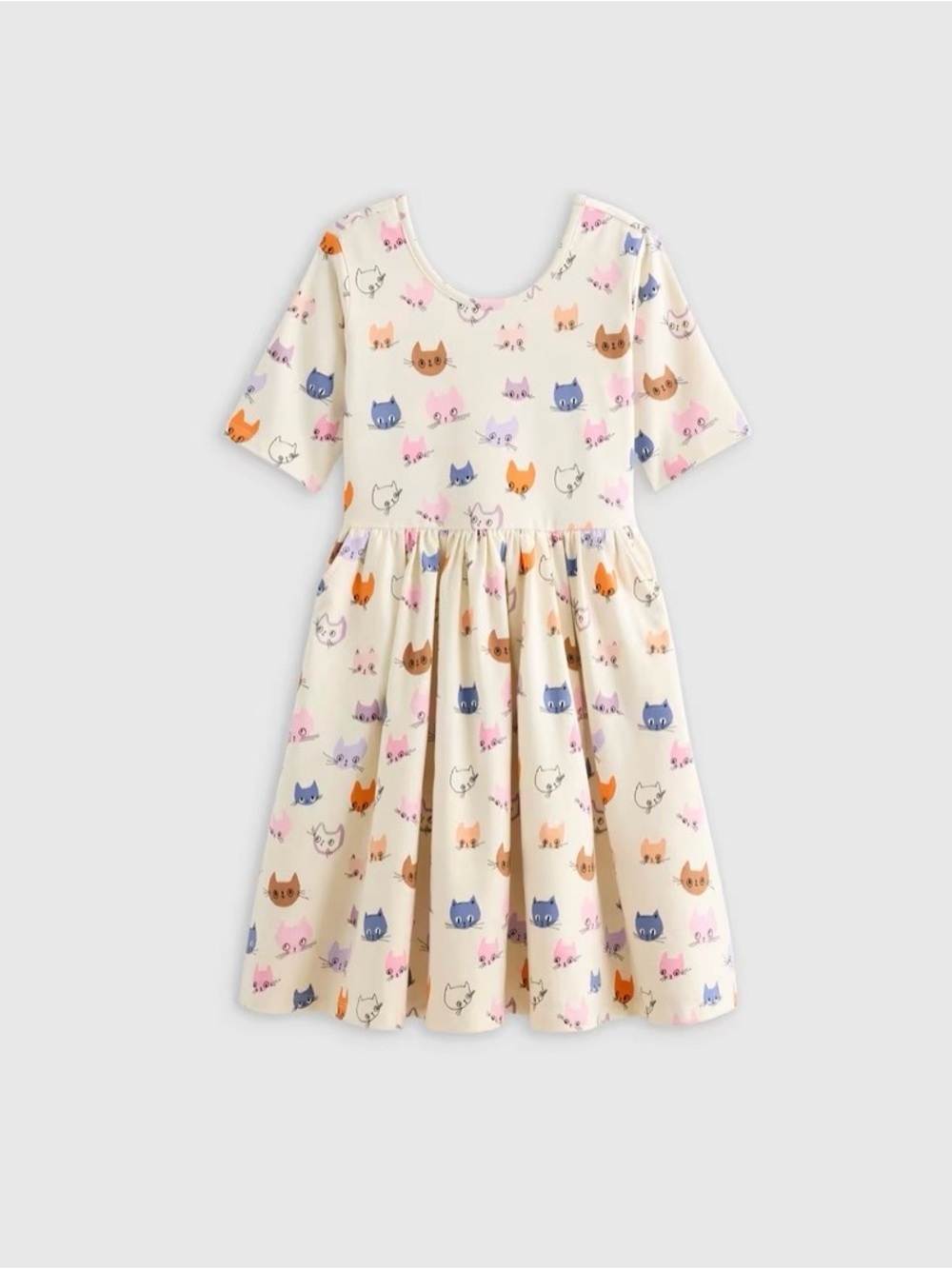 Cream Cat-Print Kids Dress - Soft Short Sleeve.